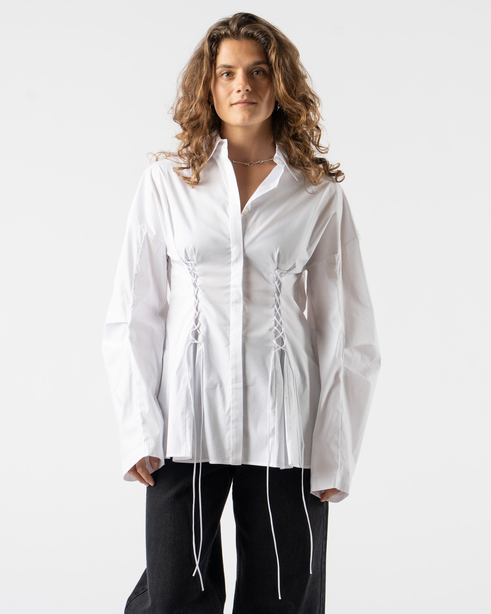 PRISCAVera Laced Button Down in White