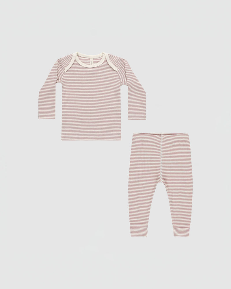 Quincy Mae Ribbed Tee and Legging Set in Mauve Stripe