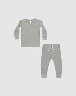 Quincy Mae Waffle Top and Pant Set in Dusty Blue