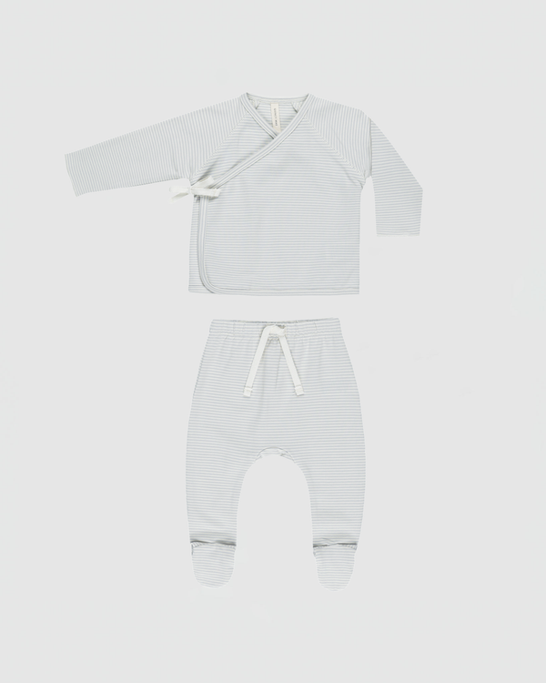 Quincy Mae Wrap Top + Footed Pant Set in Sky Micro Stripe