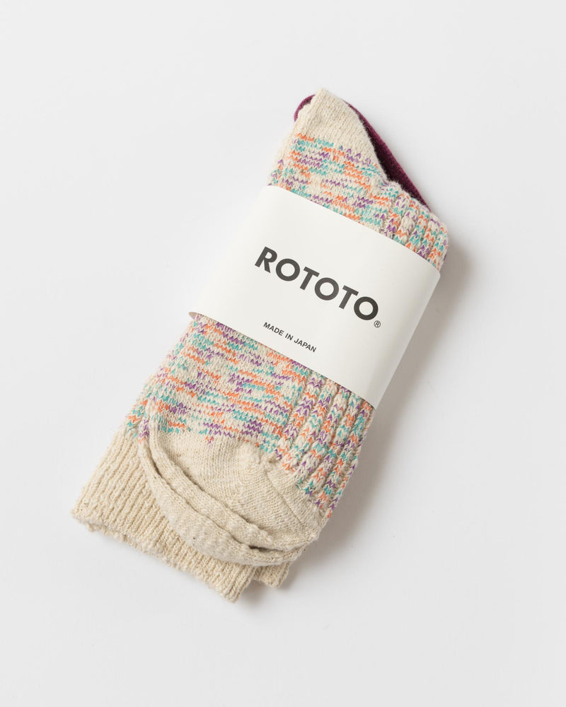 RoToTo 1513 Kasuri Ribbed Crew Socks in Coral/Blue