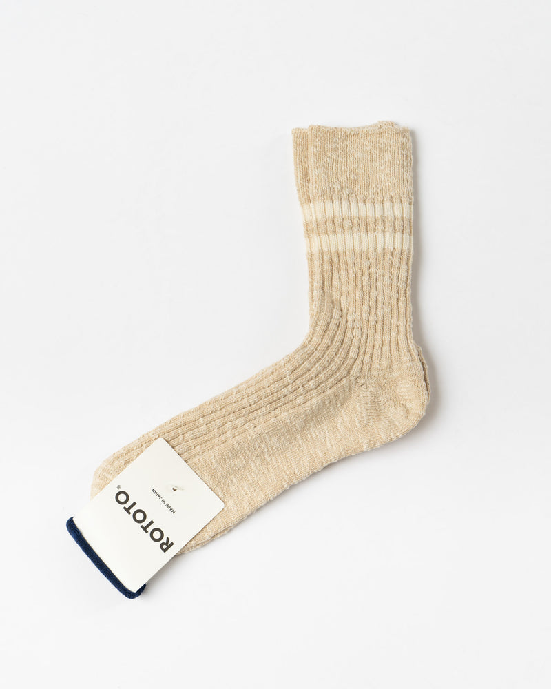 RoToTo OG Cotton Slub Stripe Crew Socks in Raw Beige