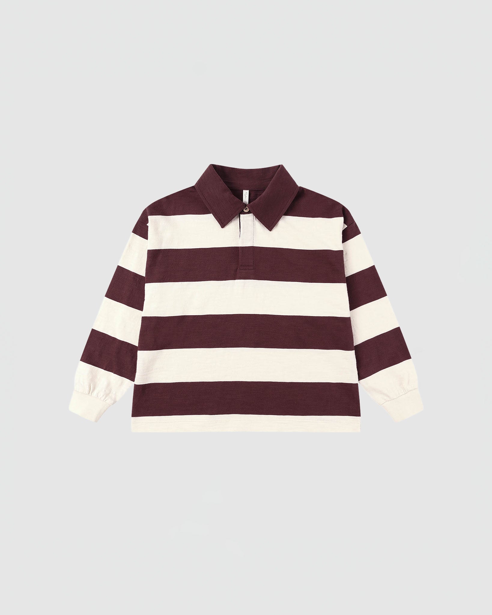 Maroon and white striped rugby shirt on a light gray background