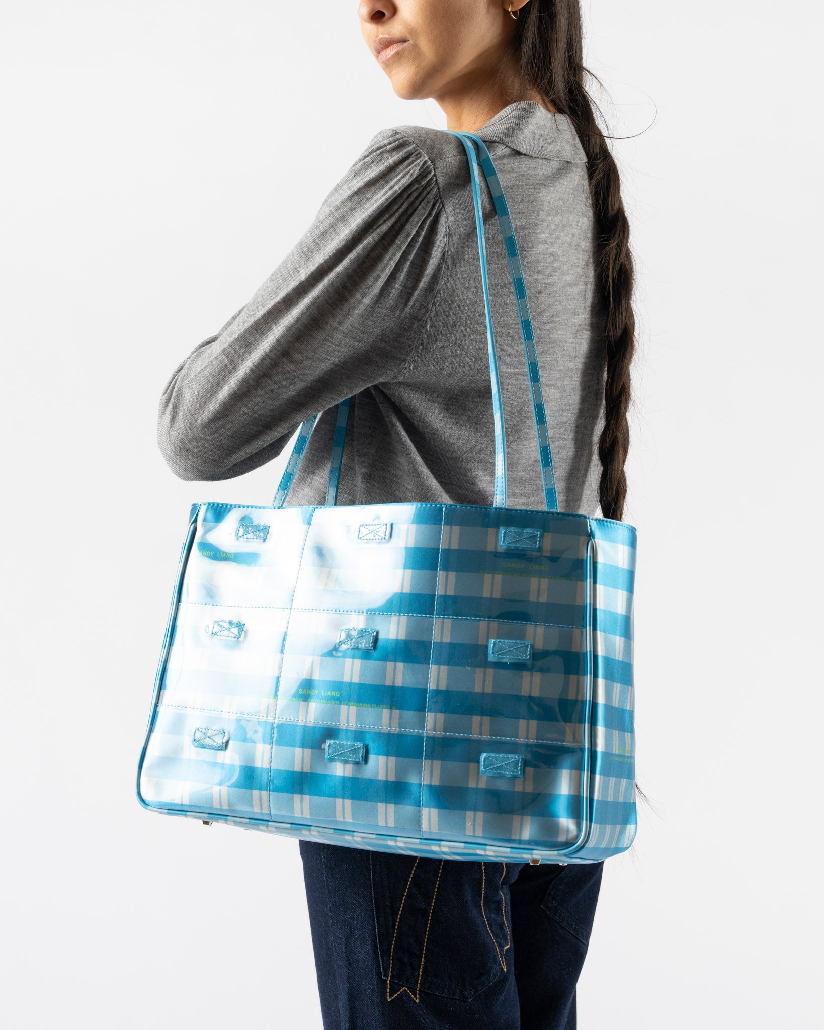 Sandy Liang Windows Tote in Plaid Blue Multi