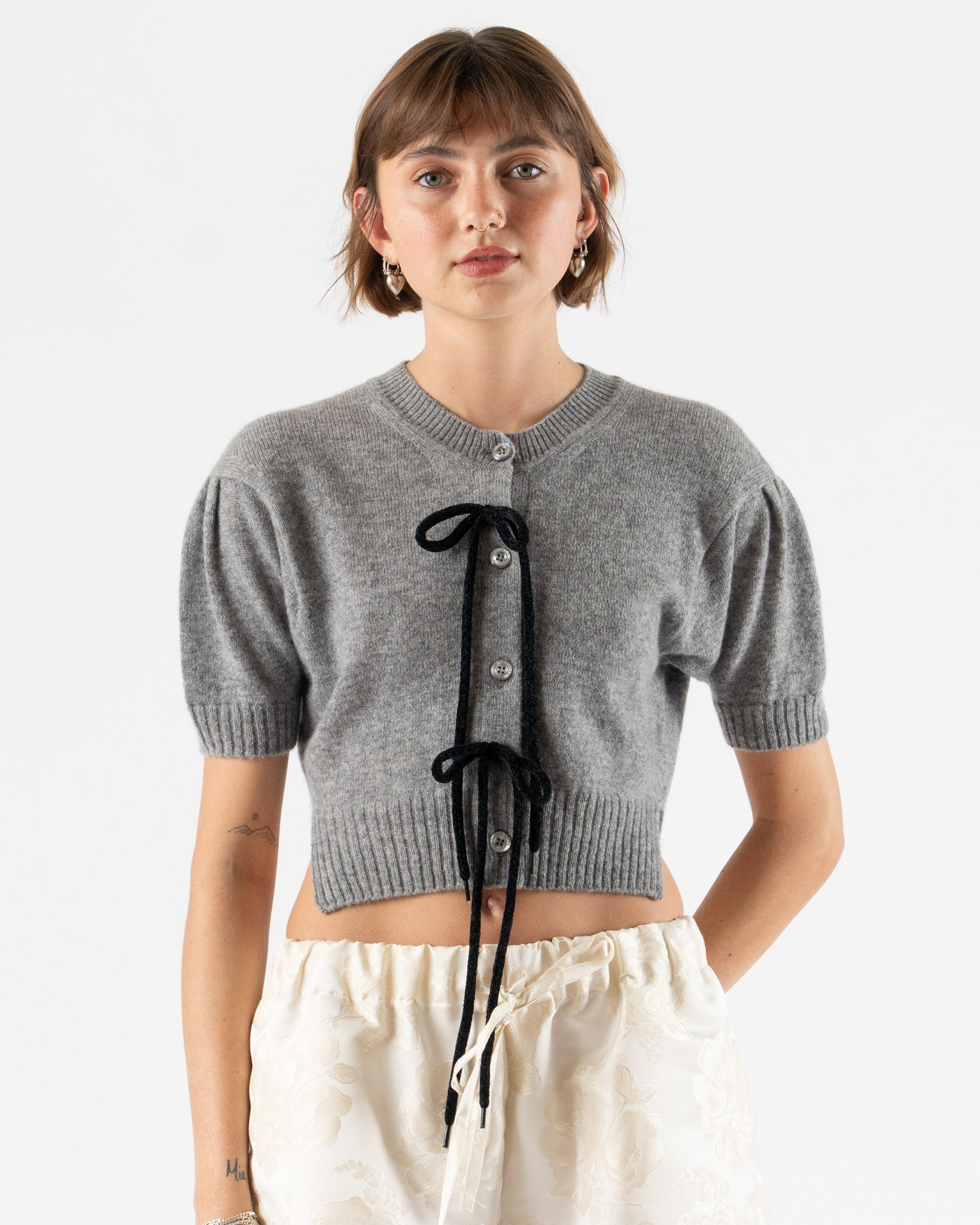 Simone Rocha Cropped Cashmere Cardigan in Grey/Black