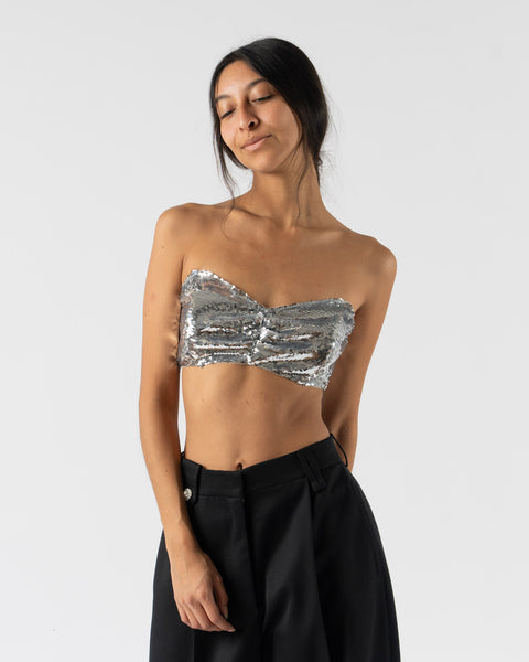 silver sequin bandeau dress Cassia Strapless Sequin Rose Midi Dress / Silver | MESHKI