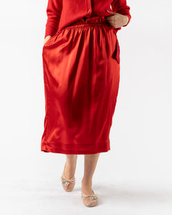 Simone Rocha Elasticated Gathered Ruffle Waist Tulip Skirt in Red Silk Satin