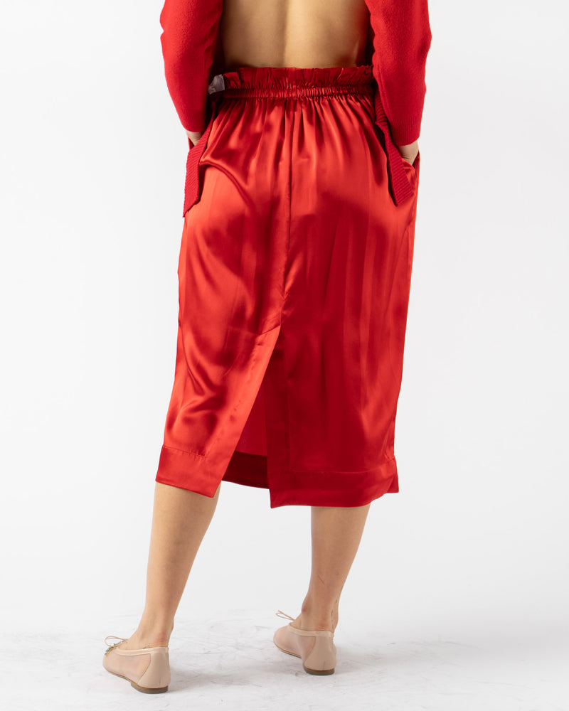 Simone Rocha Elasticated Gathered Ruffle Waist Tulip Skirt in Red Silk Satin