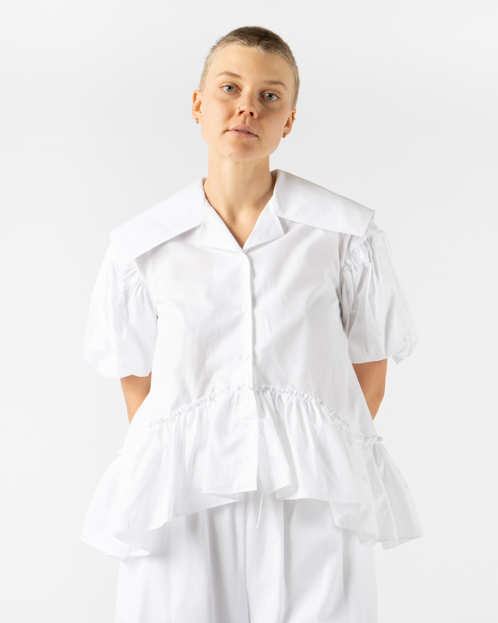 Simone Rocha Cropped Sailor Collar Puff Sleeve Shirt in White