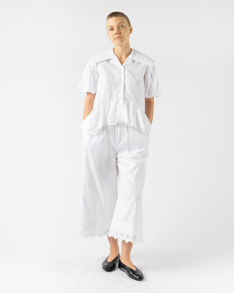 Simone Rocha Elasticated Ruffle Waist Cropped Trousers w/ Trim in White Cotton Poplin