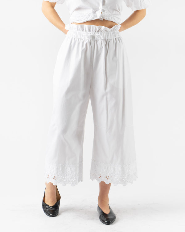 Simone Rocha Elasticated Ruffle Waist Cropped Trousers w/ Trim in White Cotton Poplin