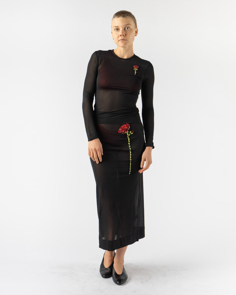 Simone Rocha Sheer Column Skirt w/ Embellishment in Black/Black/Red Multi Ballet Mesh