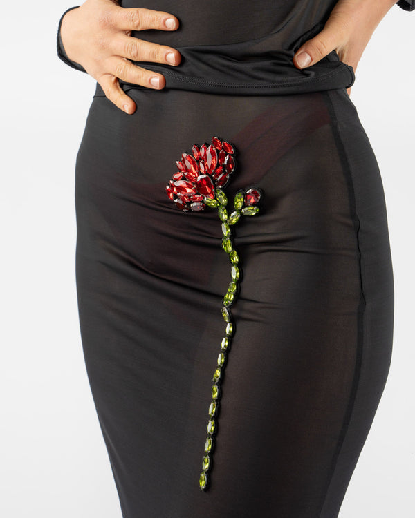 Simone Rocha Sheer Column Skirt w/ Embellishment in Black/Black/Red Multi Ballet Mesh