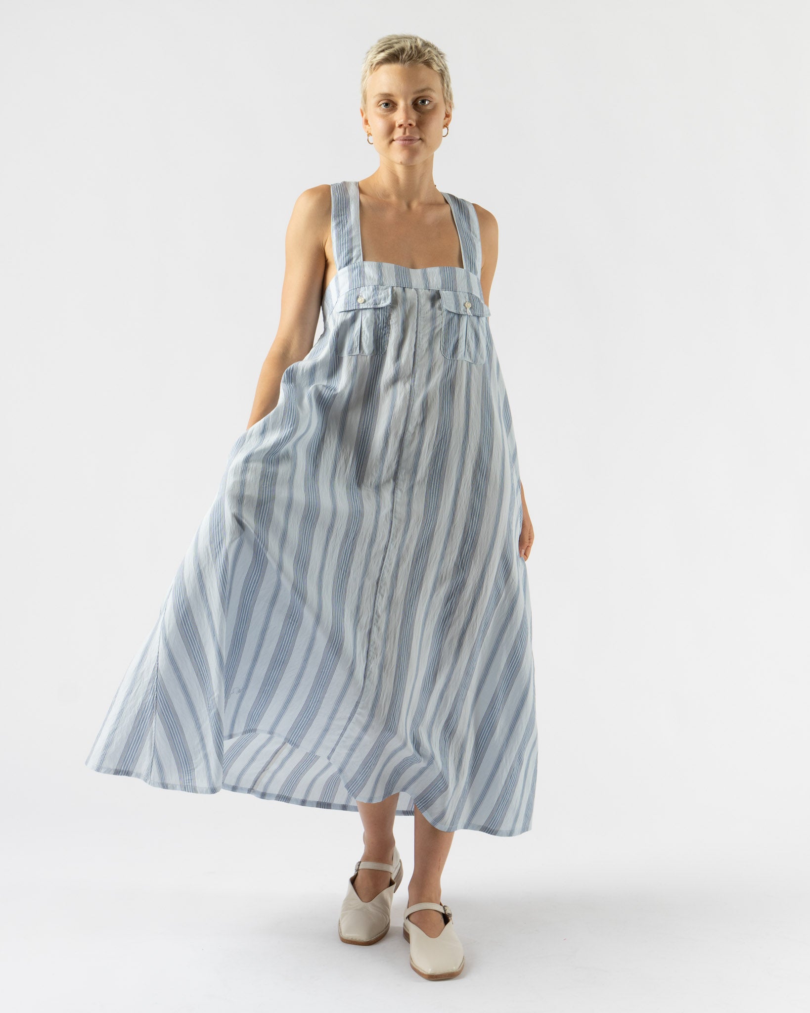 tActi Cinch Dress in Light Blue Wide Stripe