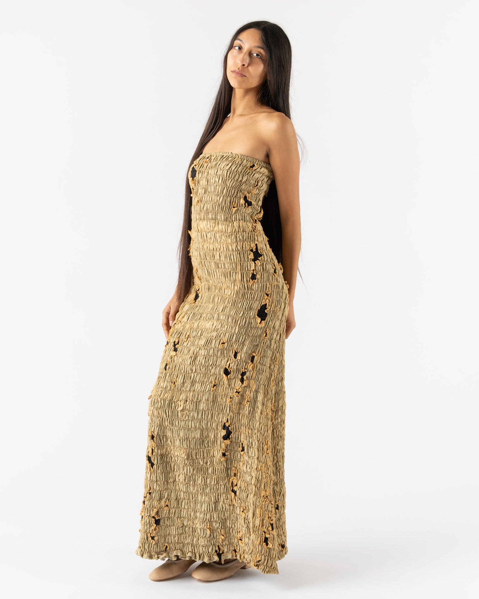 slim fit dress slacks Metallic Ruched Bodice Pleated Hem Formal Party Tube Dress Bronze / S main image 1