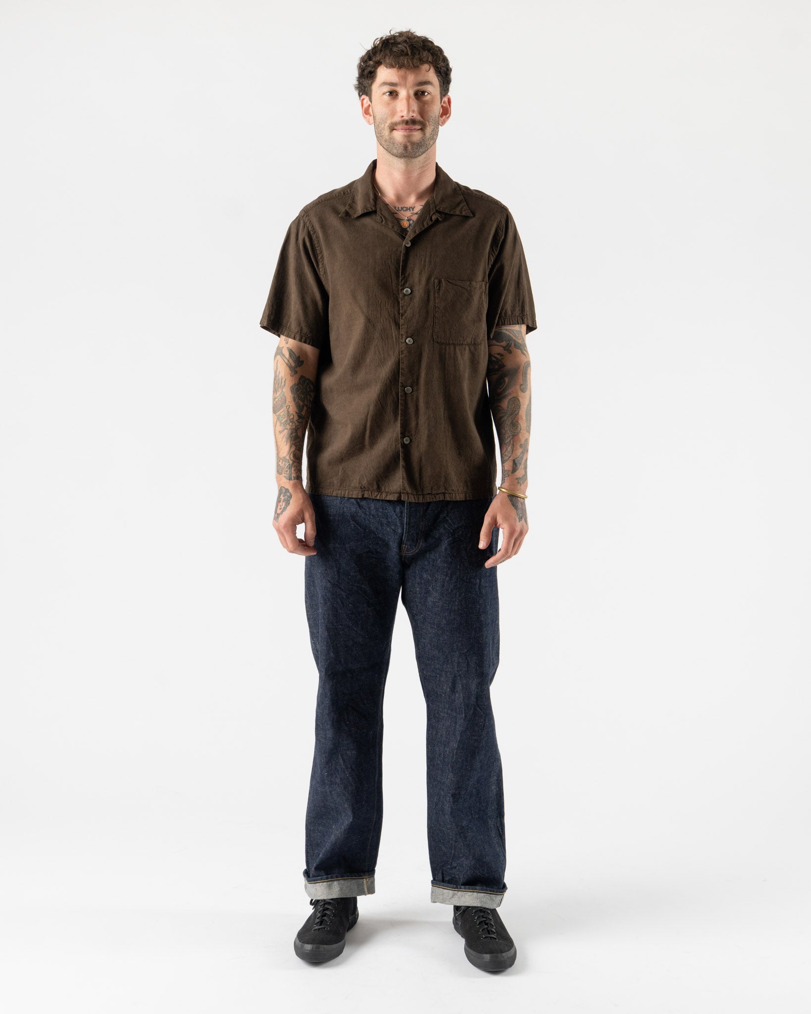 T.T Open Collar Shirt in Mud Dyed Brown Curated at Jake and Jones