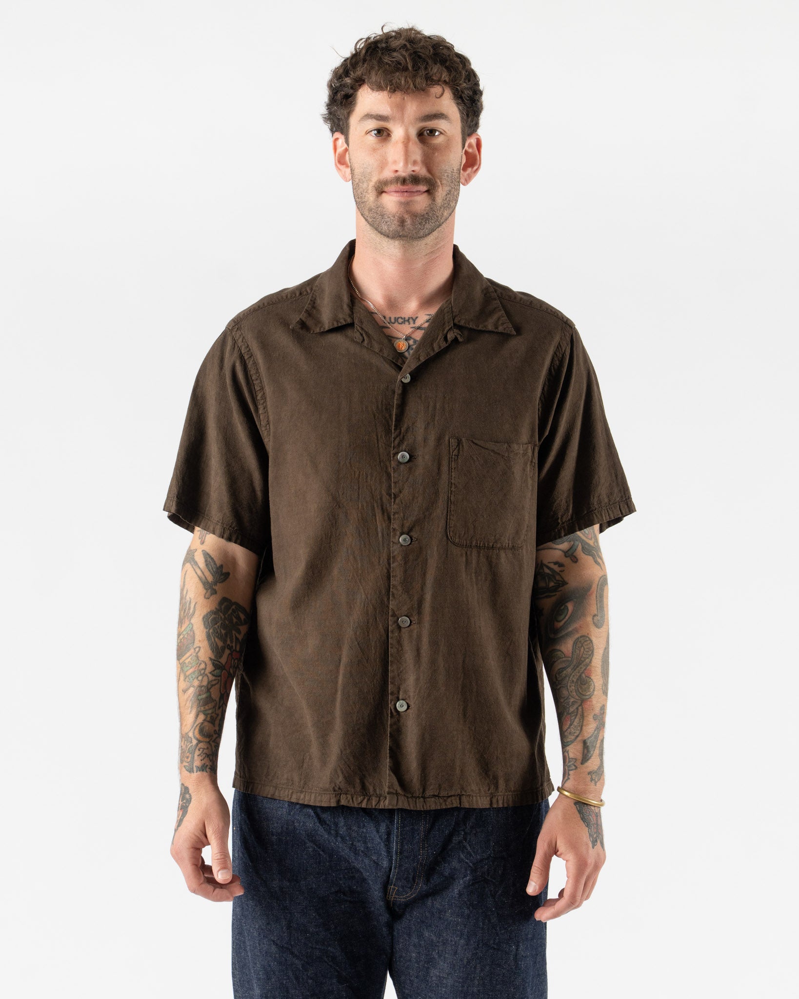 T.T Open Collar Shirt in Mud Dyed Brown Curated at Jake and Jones