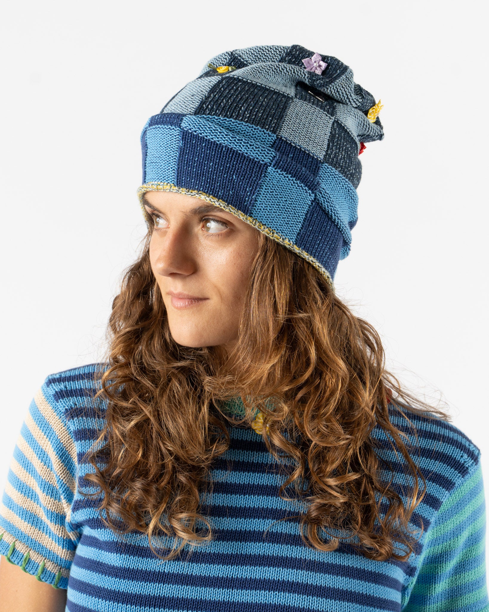 YanYan Embellished Checked Beanie in Denim