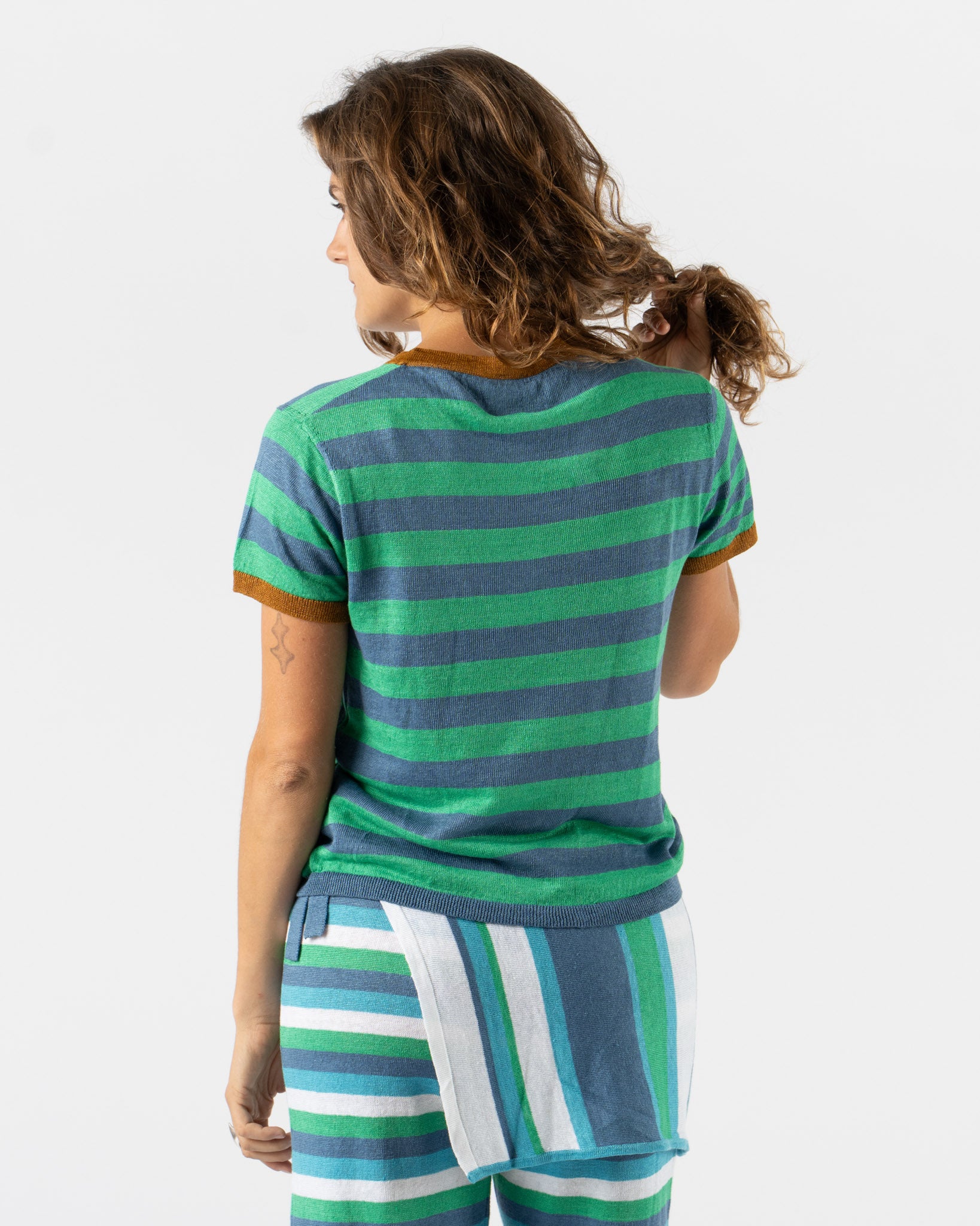 YanYan Linen YanYan Stripe Tee in Denim/Peppermint