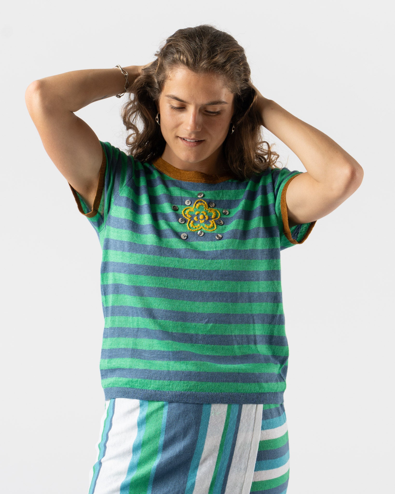 YanYan Linen YanYan Stripe Tee in Denim/Peppermint