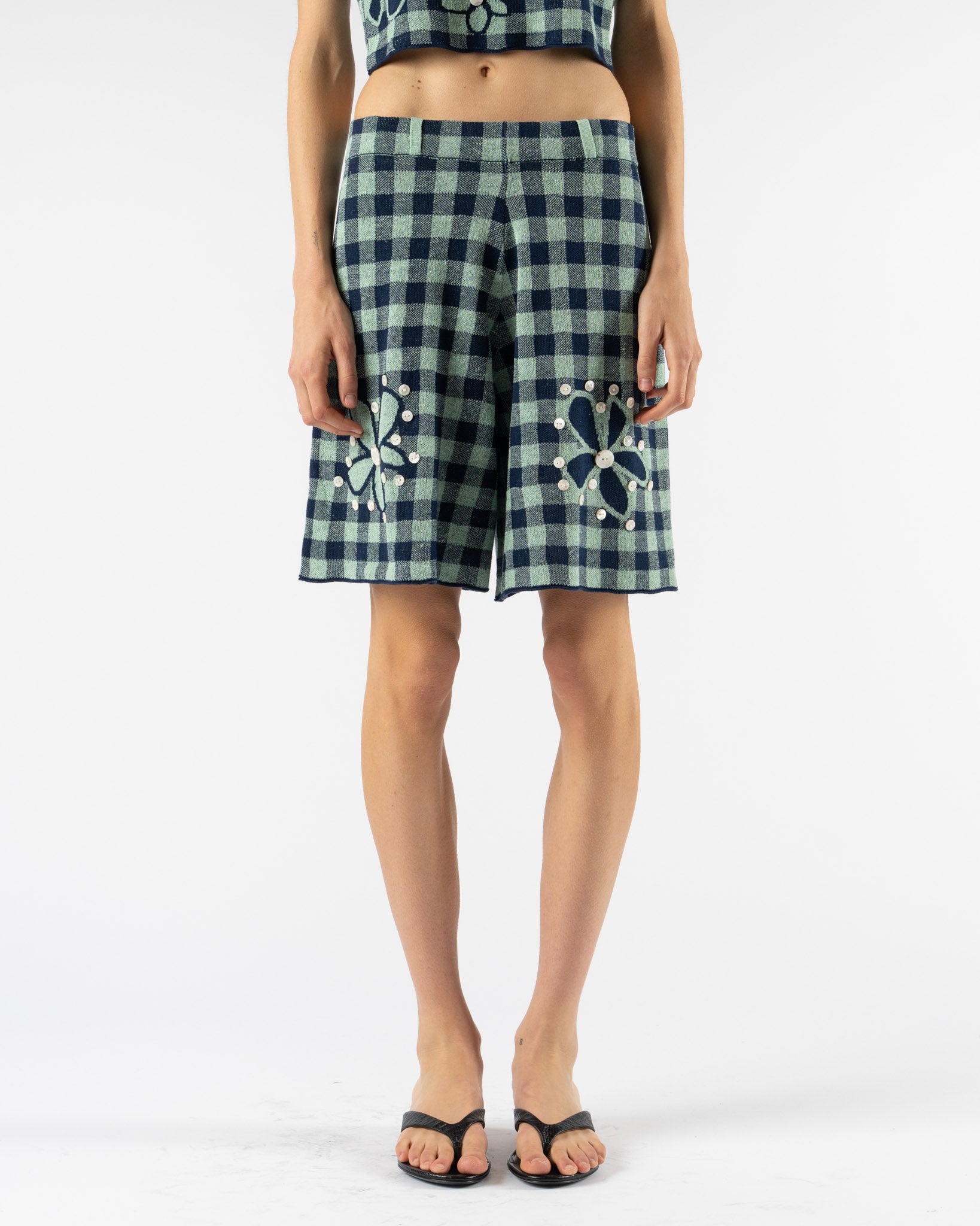 YanYan Gingham Flower Bermuda Short in Mint/Midnight