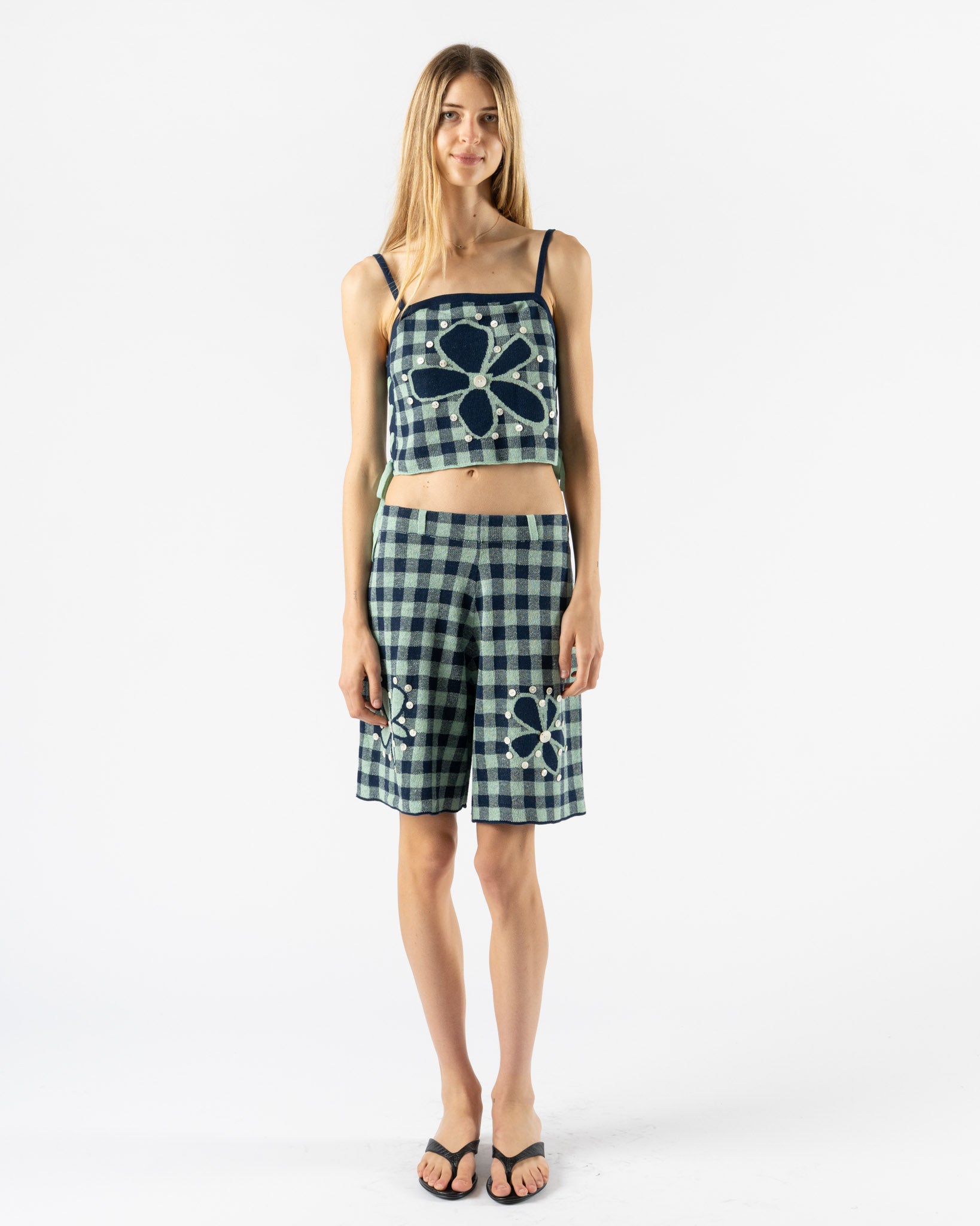 YanYan Gingham Flower Bermuda Short in Mint/Midnight