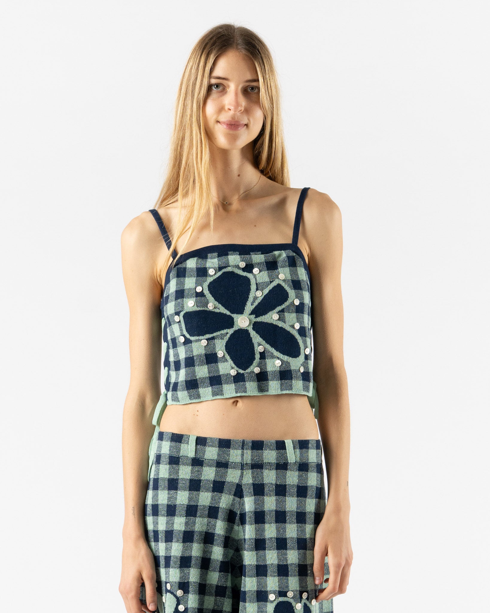 YanYan Gingham Flower Cami in Mint/Midnight