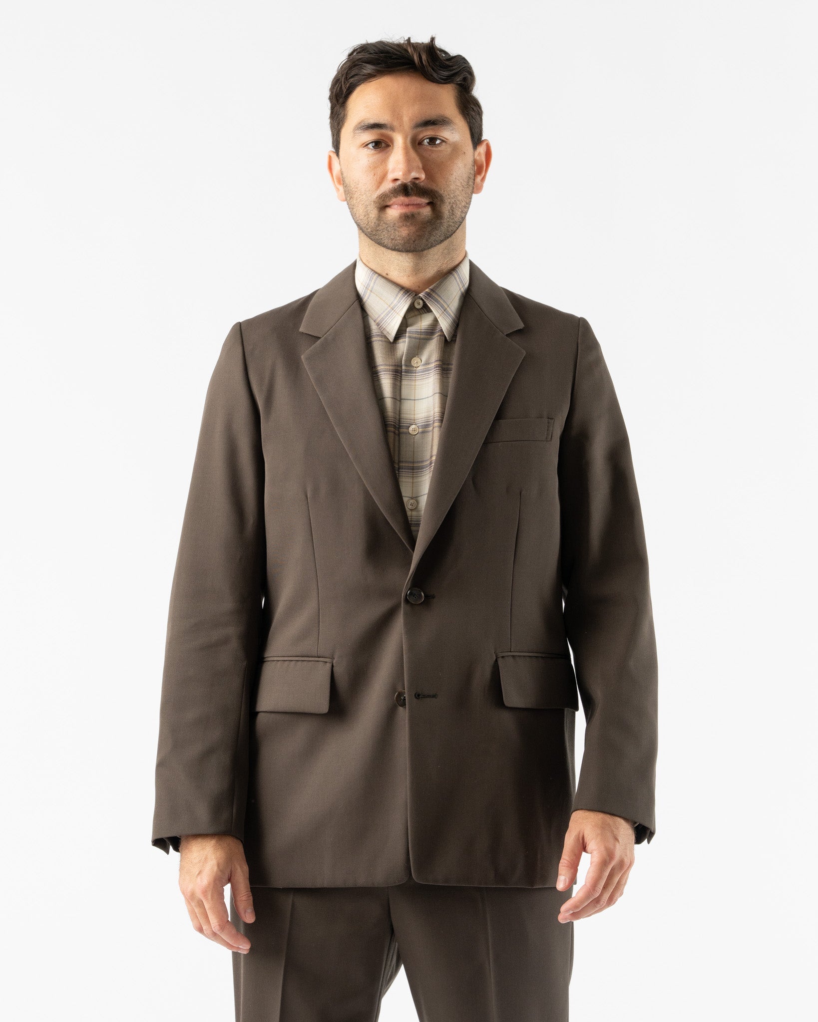Auralee Light Wool Max Gabardine Jacket in Dark Brown Curated at Jake and Jones