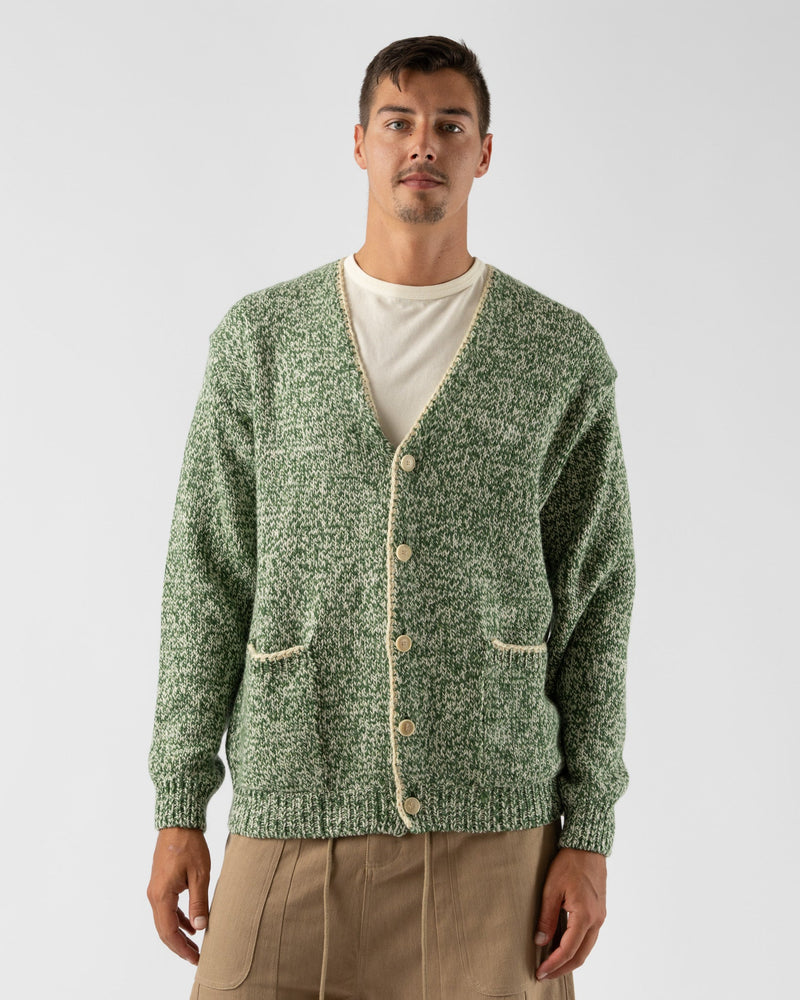 Auralee Silk Wool Camel Mix Knit Cardigan in Mix Green Curated at