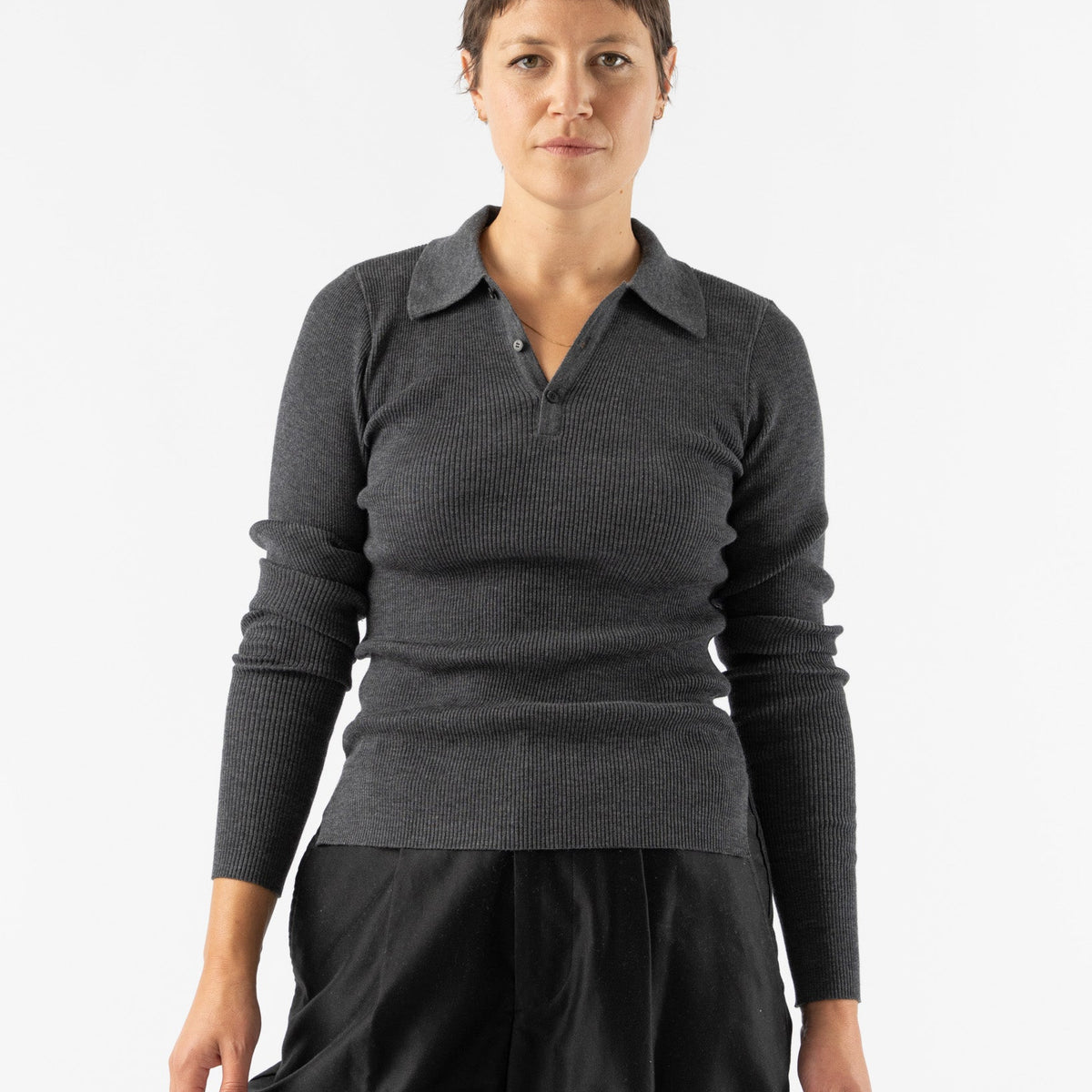 Auralee Super Fine Wool High Gauge Rib Knit Polo in Top Charcoal 