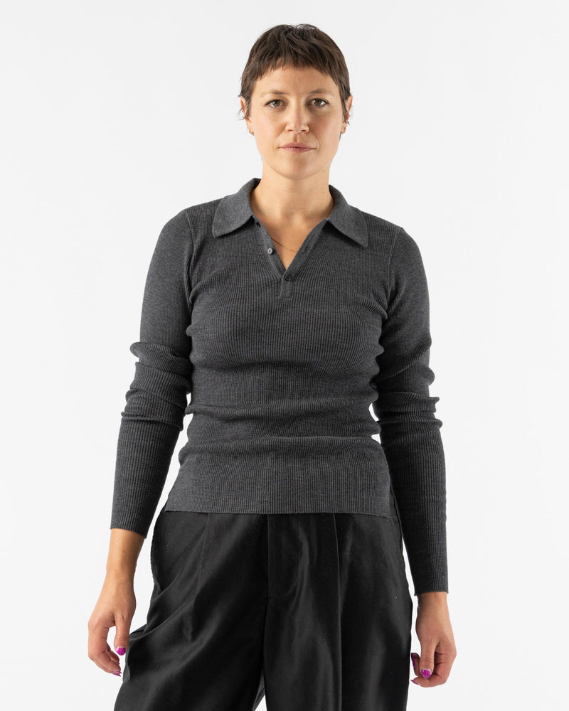 Auralee Super Fine Wool High Gauge Rib Knit Polo in Top Charcoal 