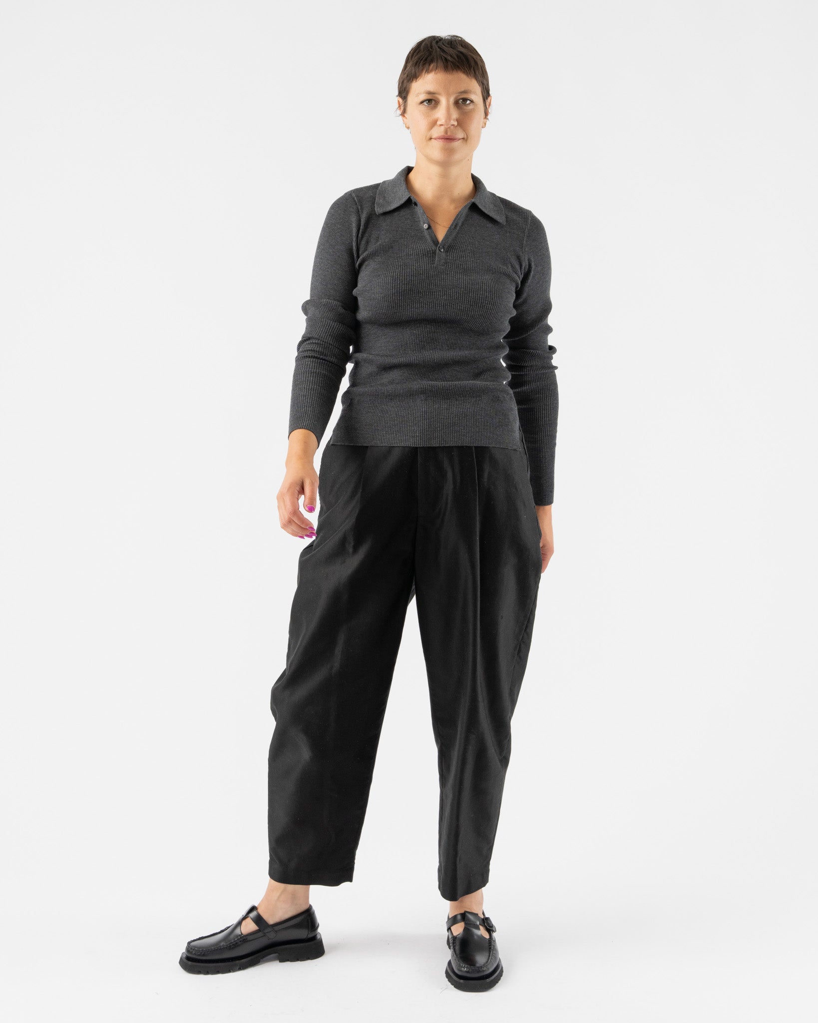 Auralee-Super-Fine-Wool-High-Gauge-Rib-Knit-Polo-in-Top-Charcoal-Santa-Barbara-Boutique-Jake-and-Jones-Sustainable-Fashion