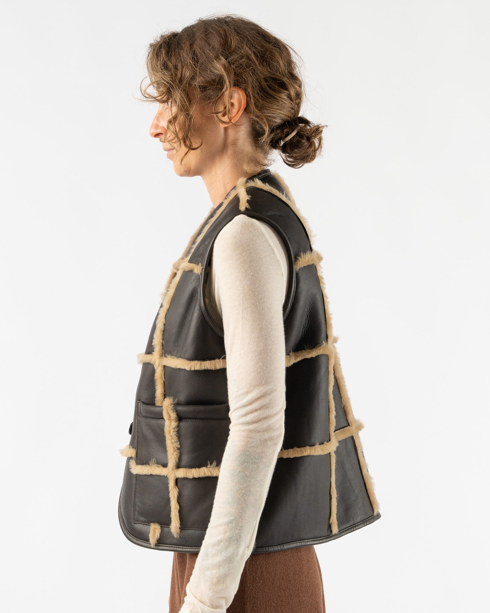 Cawley-Checked-Ella-Vest-with-Leather-Back-and-Straight-Hair-Sheepskin-in-Chocolate/-Tan-Santa-Barbara-Boutique-Jake-and-Jones-Sustainable-Fashion