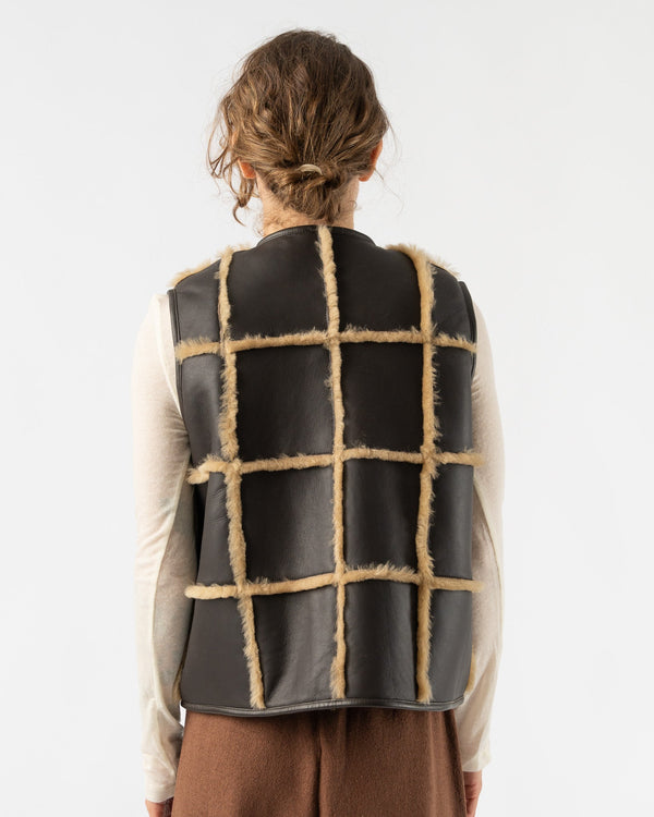 Cawley-Checked-Ella-Vest-with-Leather-Back-and-Straight-Hair-Sheepskin-in-Chocolate/-Tan-Santa-Barbara-Boutique-Jake-and-Jones-Sustainable-Fashion