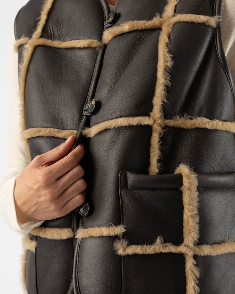 Cawley-Checked-Ella-Vest-with-Leather-Back-and-Straight-Hair-Sheepskin-in-Chocolate/-Tan-Santa-Barbara-Boutique-Jake-and-Jones-Sustainable-Fashion