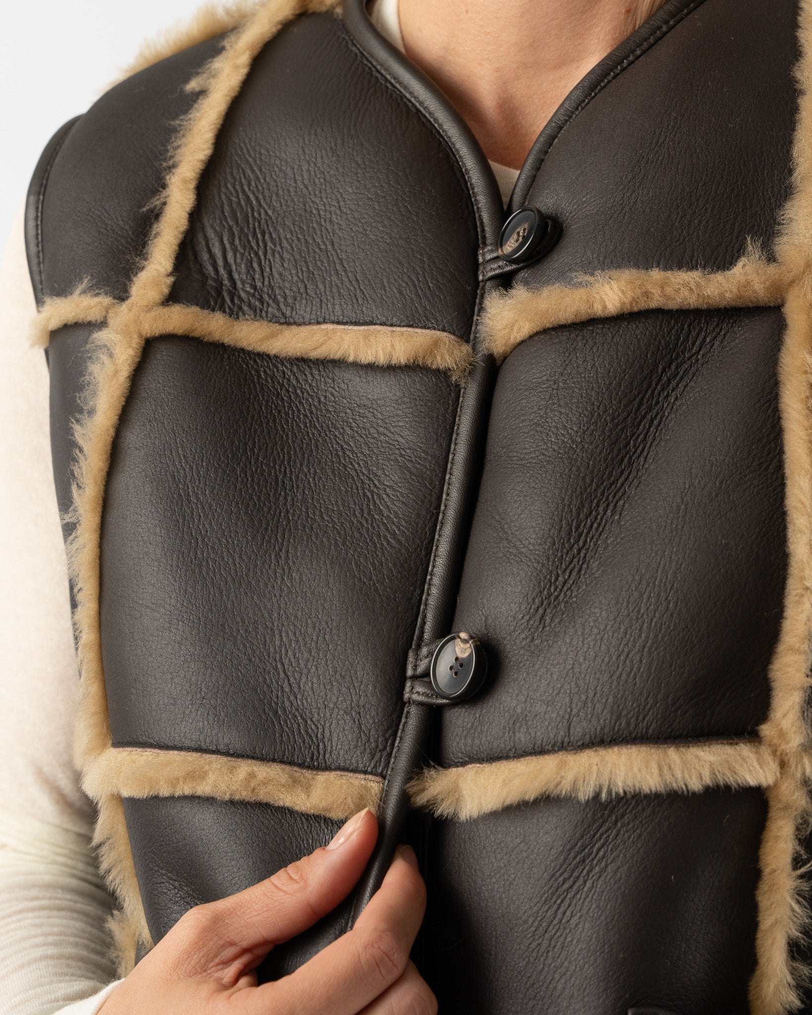 Cawley-Checked-Ella-Vest-with-Leather-Back-and-Straight-Hair-Sheepskin-in-Chocolate/-Tan-Santa-Barbara-Boutique-Jake-and-Jones-Sustainable-Fashion