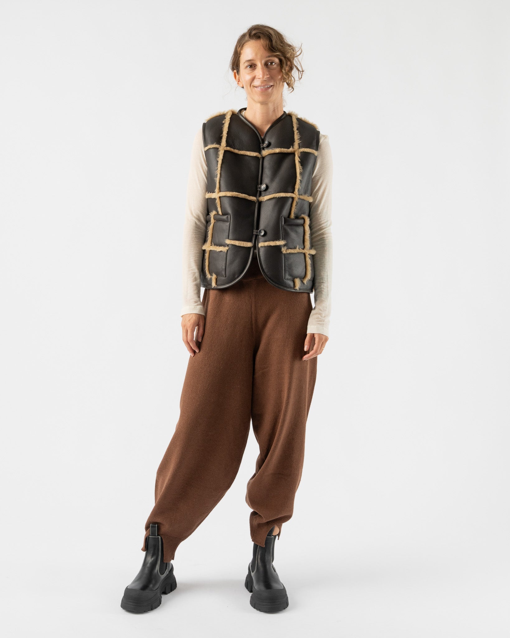 Cawley-Checked-Ella-Vest-with-Leather-Back-and-Straight-Hair-Sheepskin-in-Chocolate/-Tan-Santa-Barbara-Boutique-Jake-and-Jones-Sustainable-Fashion