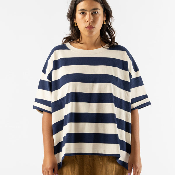 Ichi Antiquités Knit Cotton Border T Shirt in Natural and Navy