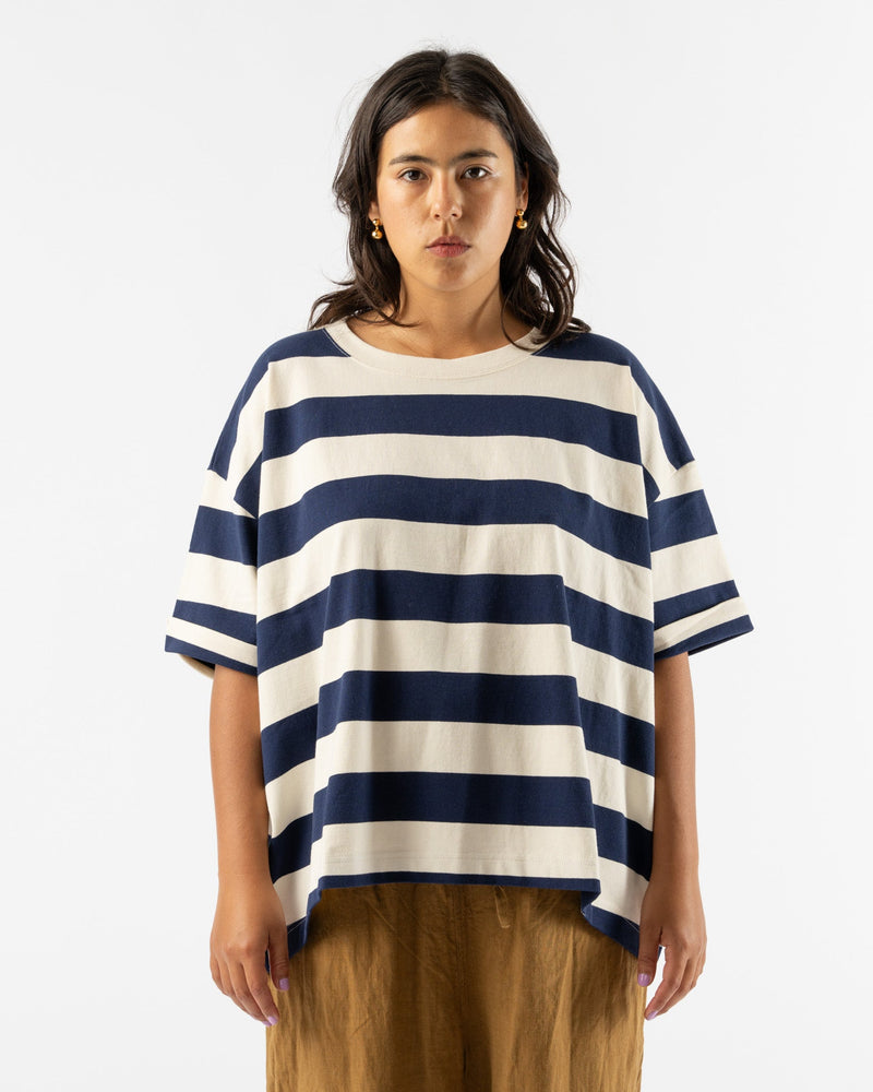 Ichi Antiquités Knit Cotton Border T Shirt in Natural and Navy