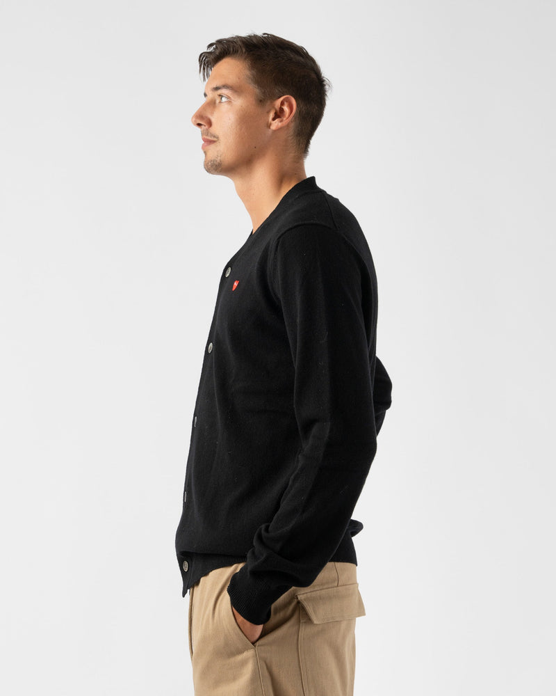 PLAY COMME des GARCONS Small Heart Cardigan in Black Curated at Jake and Jones