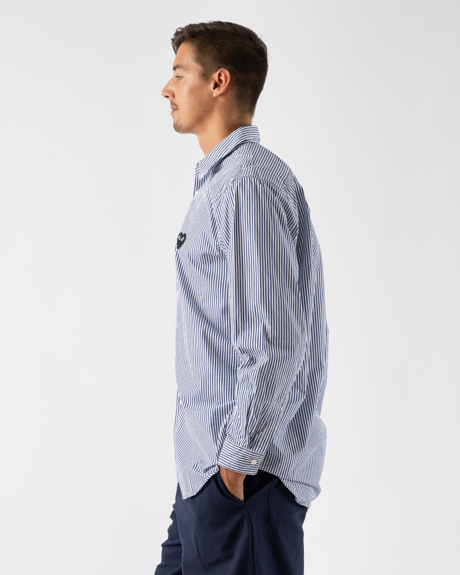 PLAY COMME des GARCONS Striped Long Sleeve Shirt in Blue Curated at Jake and Jones