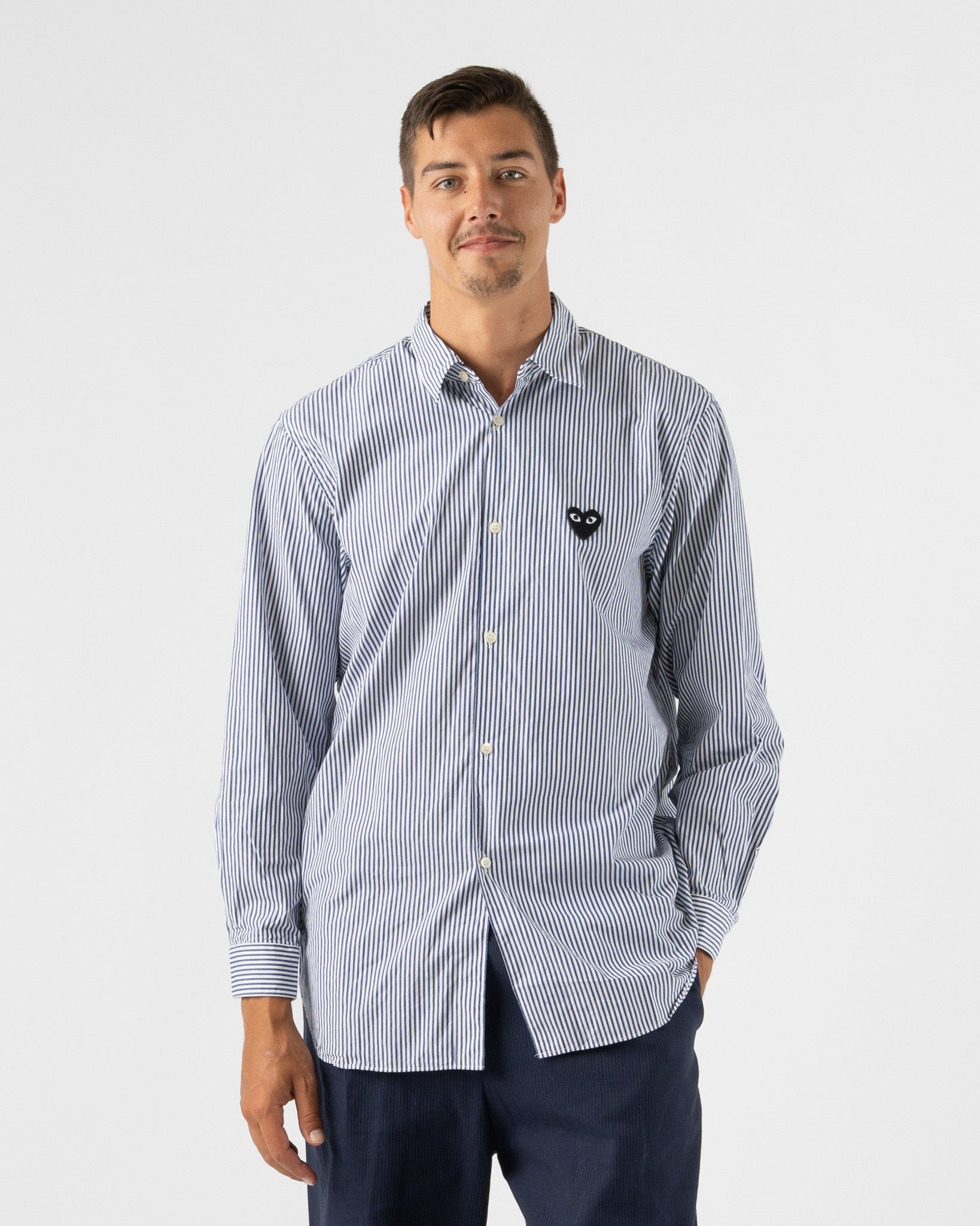 Play-COMME-des-GARÇONS-Striped-Long-Sleeve-Shirt-in-Blue-Santa-Barbara-Boutique-Jake-and-Jones-Sustainable-Fashion